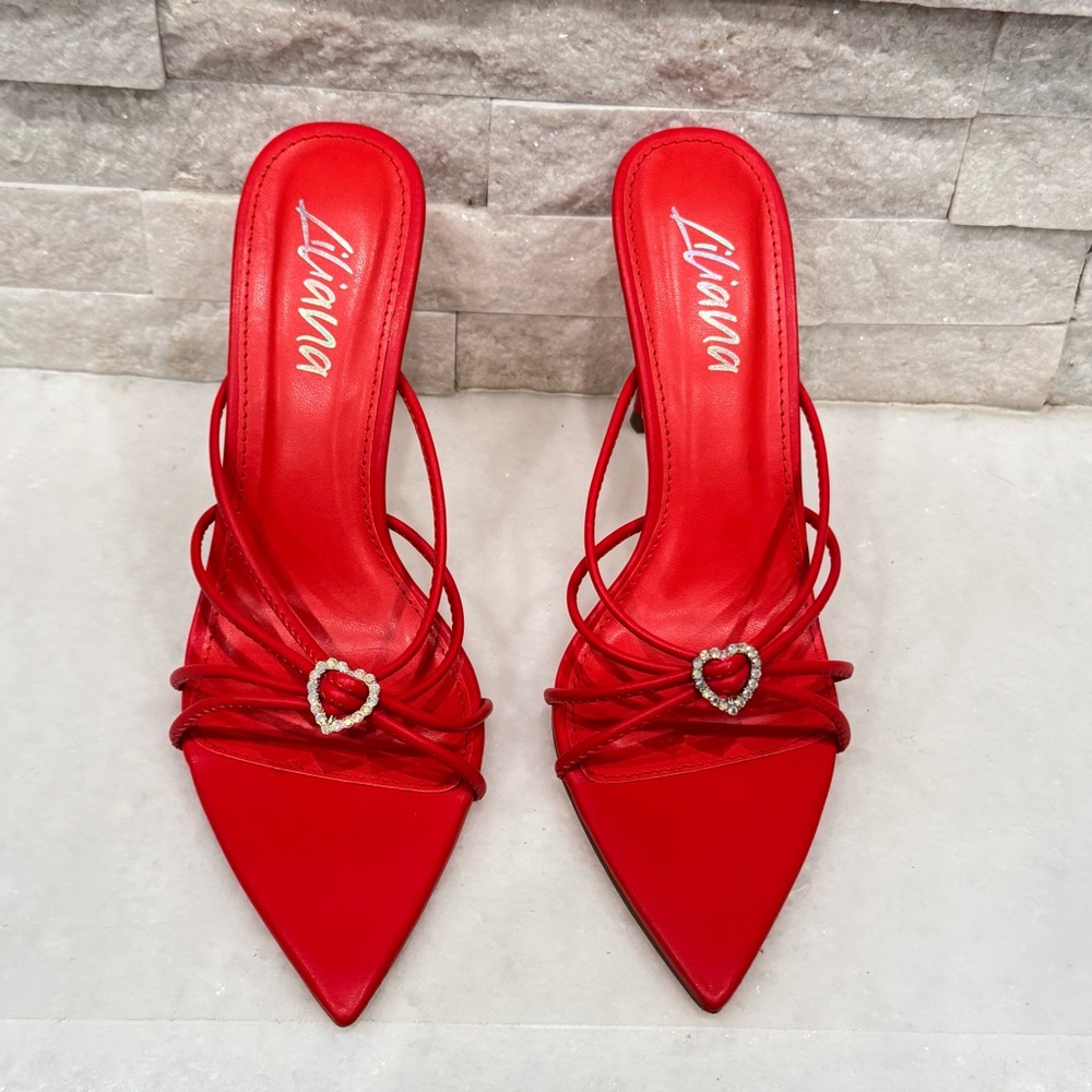 Liliana Red Strappy Women's Heels Rhinestone Heart